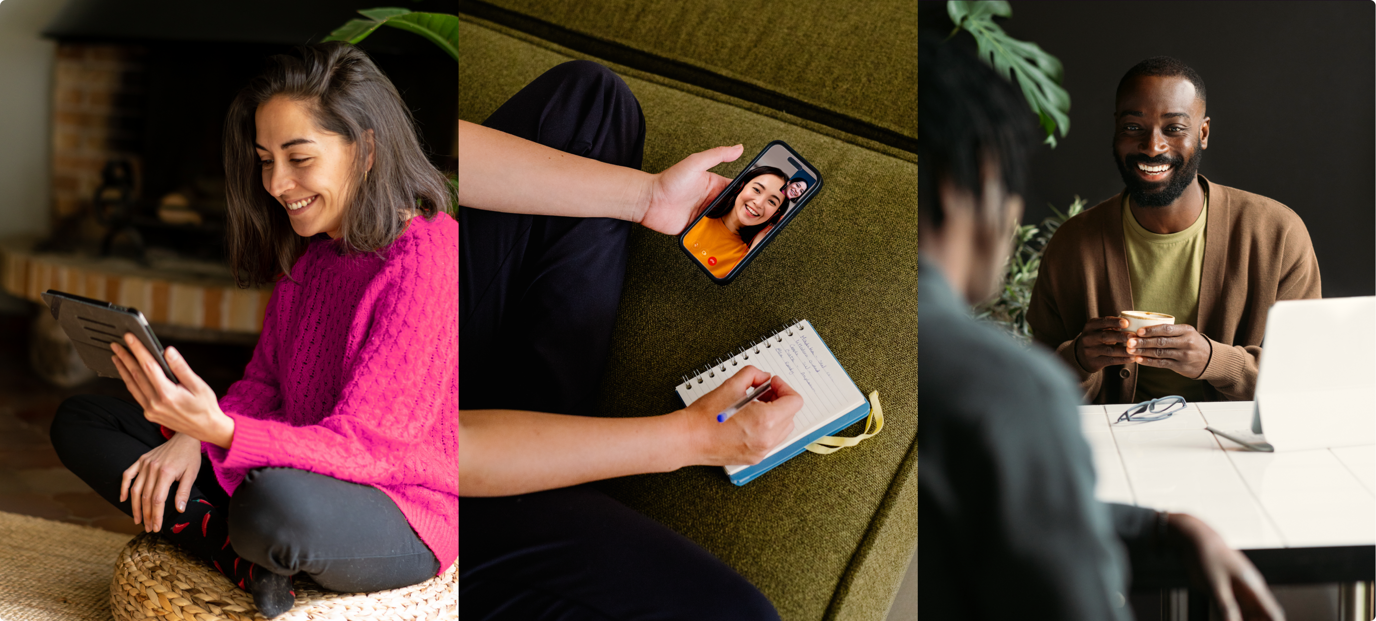 Collage of three scenes: a woman smiling at a tablet, a person taking notes during a video call, and a man smiling while talking at a desk with a laptop.